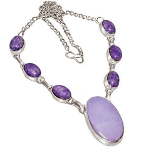 Lilac Mosaic Jasper and Candy Quartz set in 925 Sterling Silver Plated Handmade Necklace