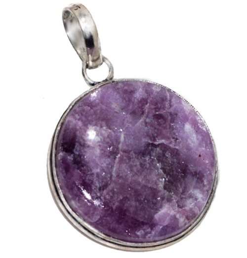 Natural Round Lepidolite Gemstone and .925 Sterling Silver Plated Handmade Pendant
