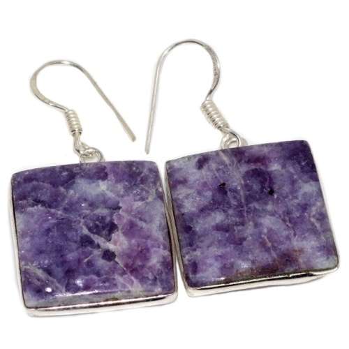 Natural Square Lepidolite Gemstone set in .925 Sterling Silver Plated Handmade Earrings