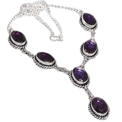 Purple Amethyst Ovals set in .925 Sterling Silver Plated Handmade Antique Style Necklace