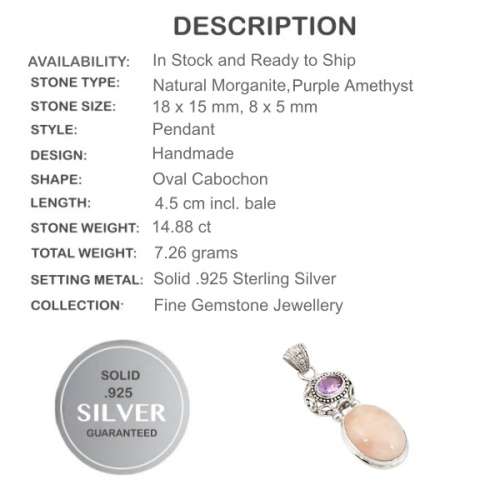 14.88 cts Natural Morganite and Purple Amethyst Gemstone set in Solid .925 Sterling Silver Pendant