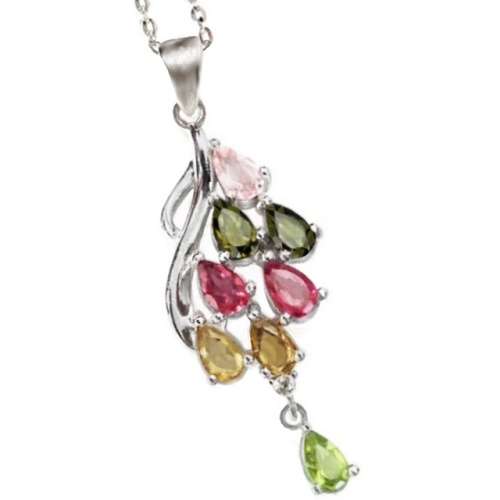 Natural Unheated Multi-Tourmaline Gemstones in Solid. 925 Sterling Silver  14K White Gold Necklace