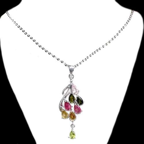 Natural Unheated Multi-Tourmaline Gemstones in Solid. 925 Sterling Silver  14K White Gold Necklace
