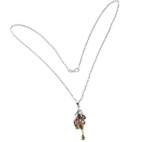 Natural Unheated Multi-Tourmaline Gemstones in Solid. 925 Sterling Silver  14K White Gold Necklace