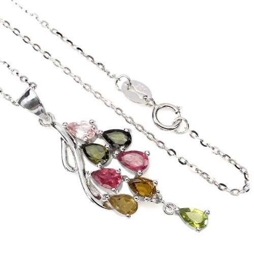 Natural Unheated Multi-Tourmaline Gemstones in Solid. 925 Sterling Silver  14K White Gold Necklace