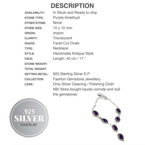 Handmade Antique Style Purple Amethyst Gemstone .925 Sterling Silver Plated Necklace