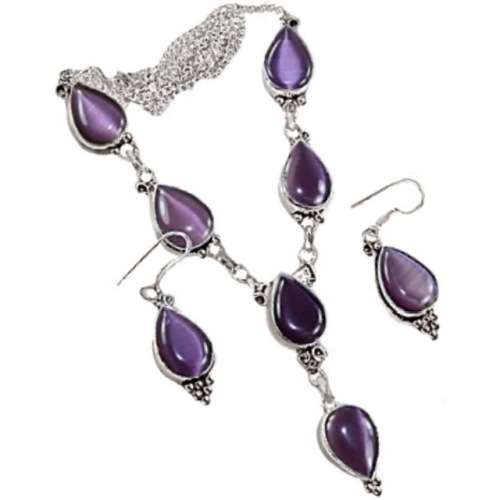 Handmade Antique Style Purple Cats Eye 925 Sterling Silver Necklace & Earrings Set