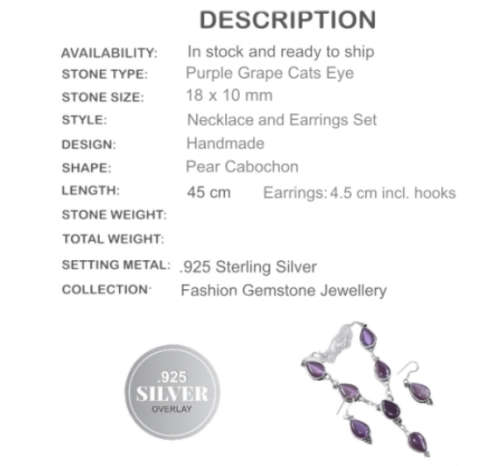 Handmade Antique Style Purple Cats Eye 925 Sterling Silver Necklace & Earrings Set
