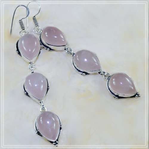 Natural Pink Rose Quartz Pear Shape Gemstone set in .925 Sterling Silver Plated Long Earrings