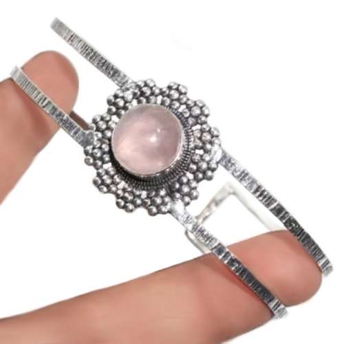 Natural Round Rose Quartz Gemstone .925 Sterling Silver Plated Handmade Antique Style Cuff Bangle