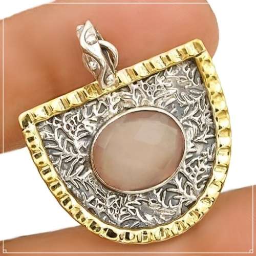 Two Tone Natural Rose Quartz Gemstone set in Solid.925 Sterling Silver Pendant