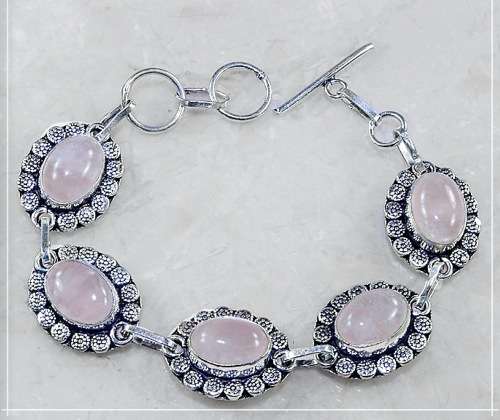 Natural Rose Quartz Oval Gemstones set in.925 Sterling Silver Plated Handmade Antique Style Bracelet