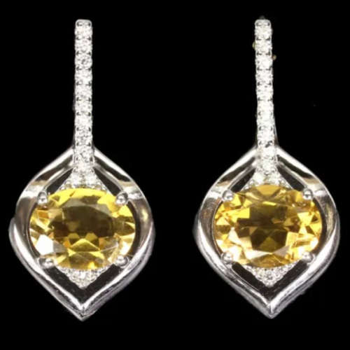 Natural Unheated Yellow Citrine 9 x 4mm AAA White Cz 925 Sterling Silver 14K White Gold Earrings