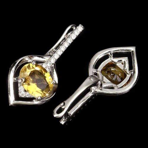 Natural Unheated Yellow Citrine 9 x 4mm AAA White Cz 925 Sterling Silver 14K White Gold Earrings