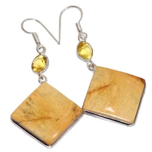 Natural Maligano Jasper and Citrine Gemstone set in .925 Sterling Silver Plated Handmade Earrings