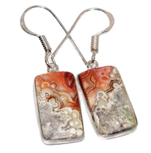 Natural Mexican Laguna Lace Agate Gemstone 925 Ssterling Silver Earrings