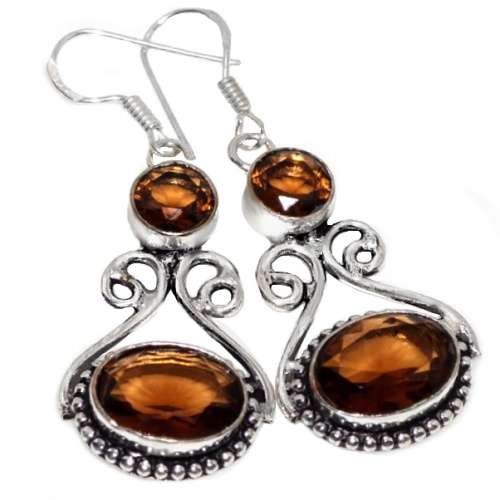 Indonesia Bali-Java Smoky Topaz Oval Gemstone .925 Silver Earrings