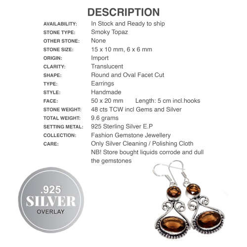 Indonesia Bali-Java Smoky Topaz Oval Gemstone .925 Silver Earrings