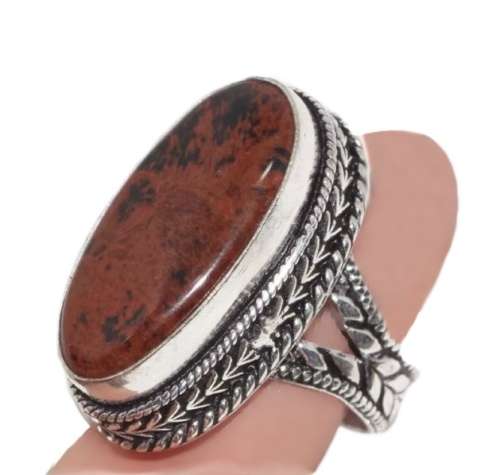 Natural Mahogany Obsidian Gemstone .925 Sterling Silver Plated Handmade Ring Size US 7/ UK O