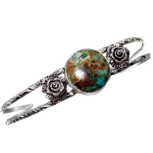 Natural Round Chrysocolla Gemstone set in  .925 Sterling Silver Plated Adjustable  Cuff Bangle