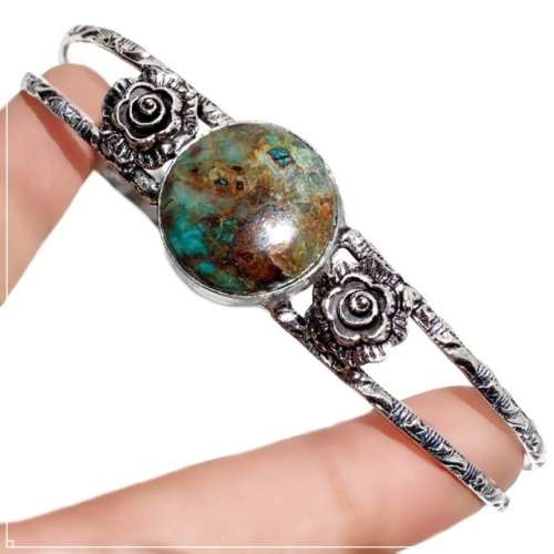 Natural Round Chrysocolla Gemstone set in  .925 Sterling Silver Plated Adjustable  Cuff Bangle