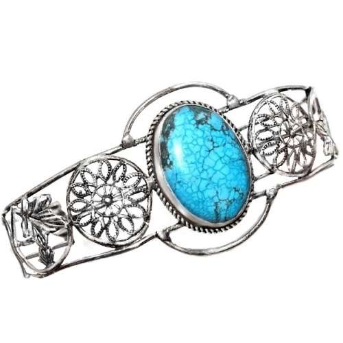 Indonesian Bali Java -Natural Oval Turquoise Gemstone .925 Sterling Silver Plated Cuff Bangle