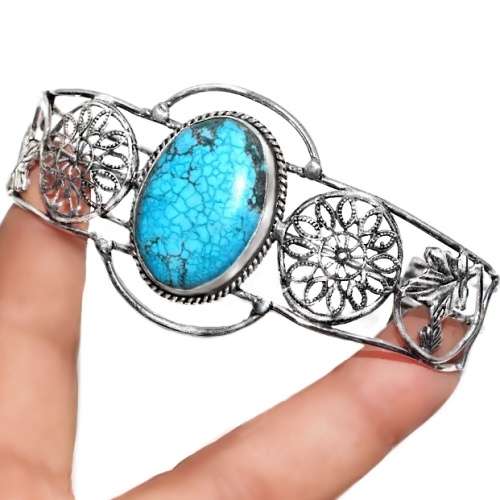 Indonesian Bali Java -Natural Oval Turquoise Gemstone .925 Sterling Silver Plated Cuff Bangle