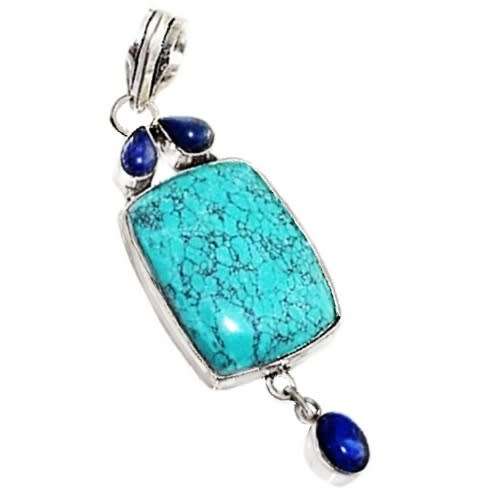 Spiderweb Matrix Turquoise, and Lapis Lazuli  Gemstone 925 Silver Pendant