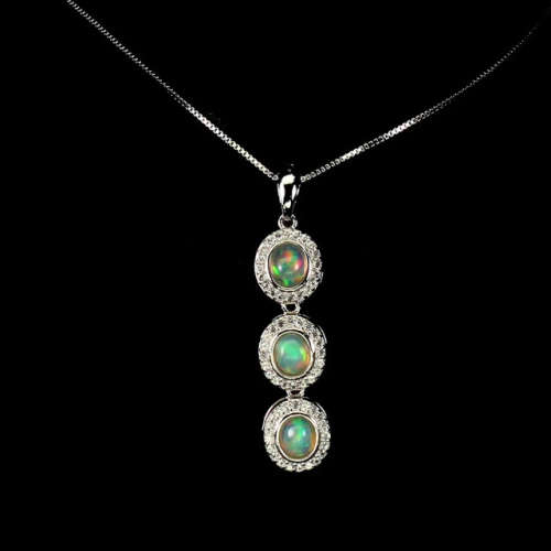 Deluxe  Unheated Rainbow Full Flash White Fire Opal Solid .925 Sterling Pendant Necklace