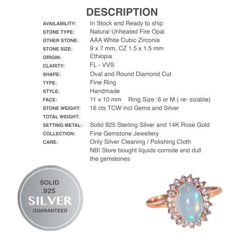Natural Full Flash Ethiopian Fire Opal White CZ  Solid .925 Sterling, 14 K Rose Gold Ring Size 6