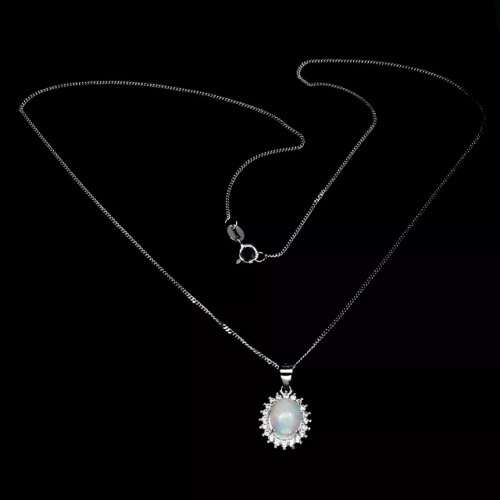 Deluxe Unheated Full Flash Fire Opal, White Cubic Zirconia Solid.925 Sterling Silver Necklace