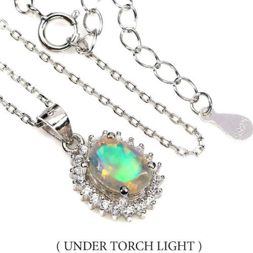 Deluxe Unheated Full Flash Fire Opal, White Cubic Zirconia set in Solid.925 Sterling Silver Necklace