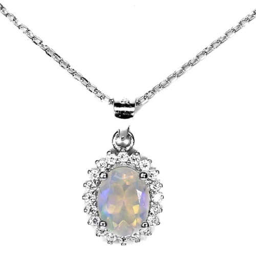 Deluxe Unheated Full Flash Fire Opal, White Cubic Zirconia set in Solid.925 Sterling Silver Necklace