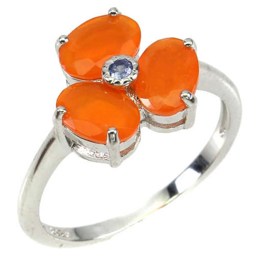 Natural Orange Fire Opal and Top Blue Violet Tanzanite Solid .925 Sterling Silver Ring Size 8 / Q