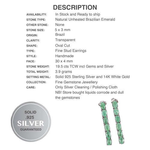 Natural Unheated Brazilian Emerald set in Solid .925 Sterling Silver 14k White Gold Earrings