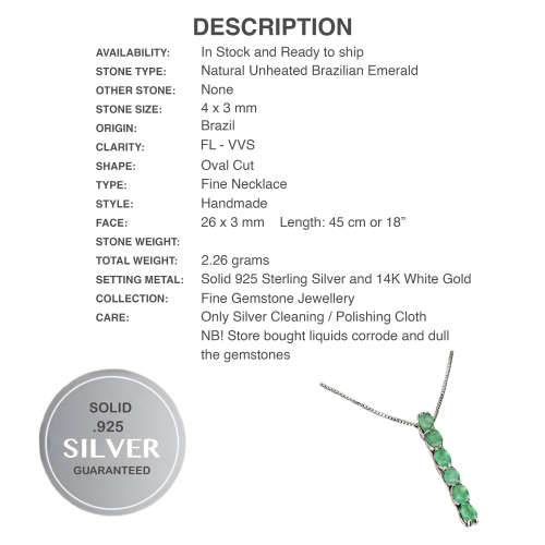 Exquisite Natural Unheated Brazilian Emerald Solid .925 Sterling Silver 14k White Gold Necklace