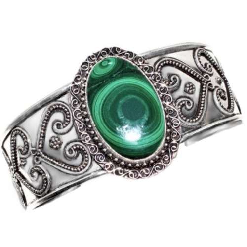 Handmade Natural Malachite Oval Gemstone set in .925 Sterling Silver Plated Adjustable Cuff Bangle