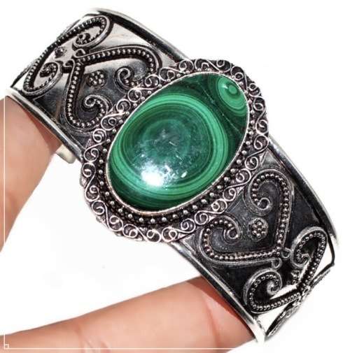 Handmade Natural Malachite Oval Gemstone set in .925 Sterling Silver Plated Adjustable Cuff Bangle