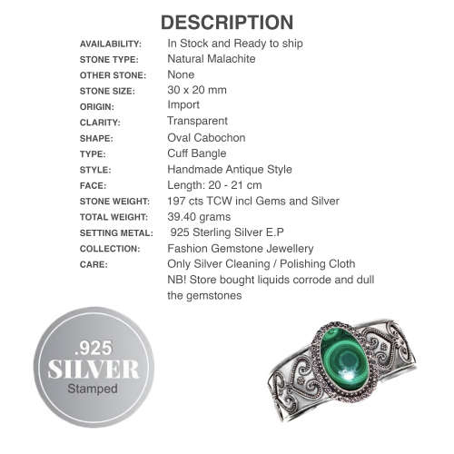 Handmade Natural Malachite Oval Gemstone set in .925 Sterling Silver Plated Adjustable Cuff Bangle