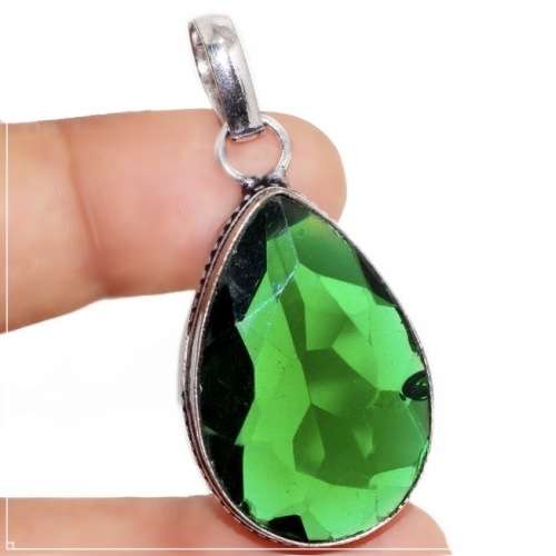 Antique Style Emerald Quartz Pear Shape Gemstone  set in 925 Sterling Silver Plated Handmade Pendant