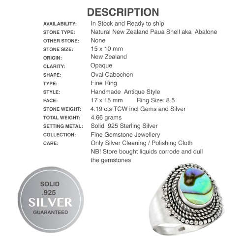 4.19 cts New Zealand Abalone Paua Sea Shell set in Solid .925 Sterling Silver Ring Sz 8.5/ Q1/2
