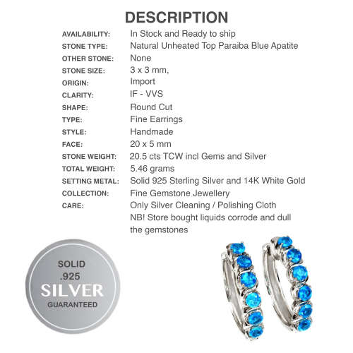 Natural Neon Blue Apatite Gemstone Solid .925 Sterling Silver 14K White Gold Earrings