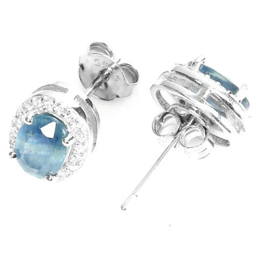 Genuine Natural Blue Sapphire, White Cubic Zirconia Solid .925 Sterling Silver Stud Earrings