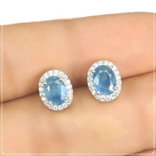Genuine Natural Blue Sapphire, White Cubic Zirconia Solid .925 Sterling Silver Stud Earrings