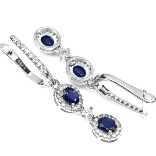 Genuine Natural Blue Sapphire, White Cubic Zirconia Solid .925 Sterling Silver Stud Earrings