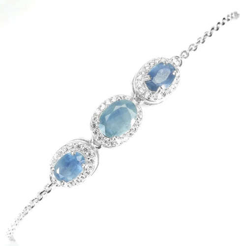 Genuine Natural Blue Sapphire, White Cubic Zirconia Solid .925 Sterling Silver Bracelet