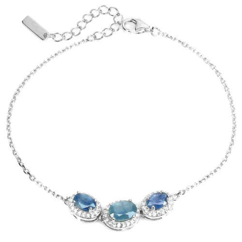 Genuine Natural Blue Sapphire, White Cubic Zirconia Solid .925 Sterling Silver Bracelet