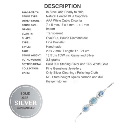 Genuine Natural Blue Sapphire, White Cubic Zirconia Solid .925 Sterling Silver Bracelet