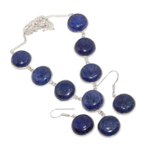 Natural Lapis Lazuli Oval Gemstone .925 Sterling Silver Necklace and Earrings Set