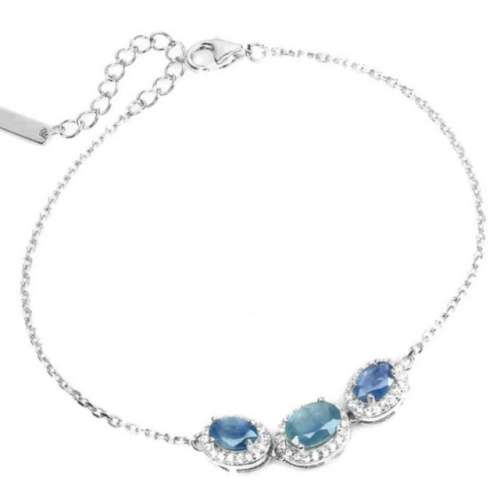 Genuine Natural Blue Sapphire, White Cubic Zirconia Solid .925 Sterling Silver Bracelet